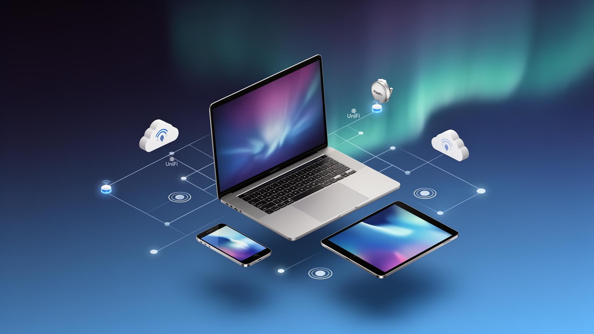 MacBook, iPhone and iPad connected by UniFi networking and cloud services